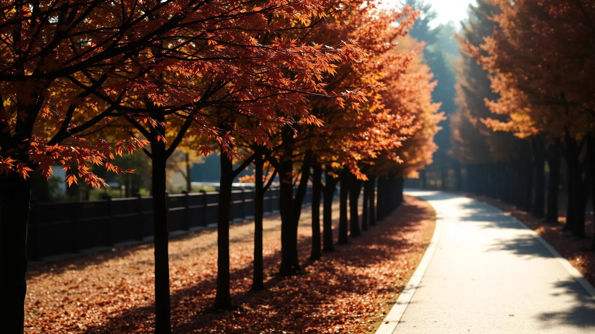 Autumn in Kanagawa: golden and crimson foliage along a quiet avenue overlooking Yokohama
