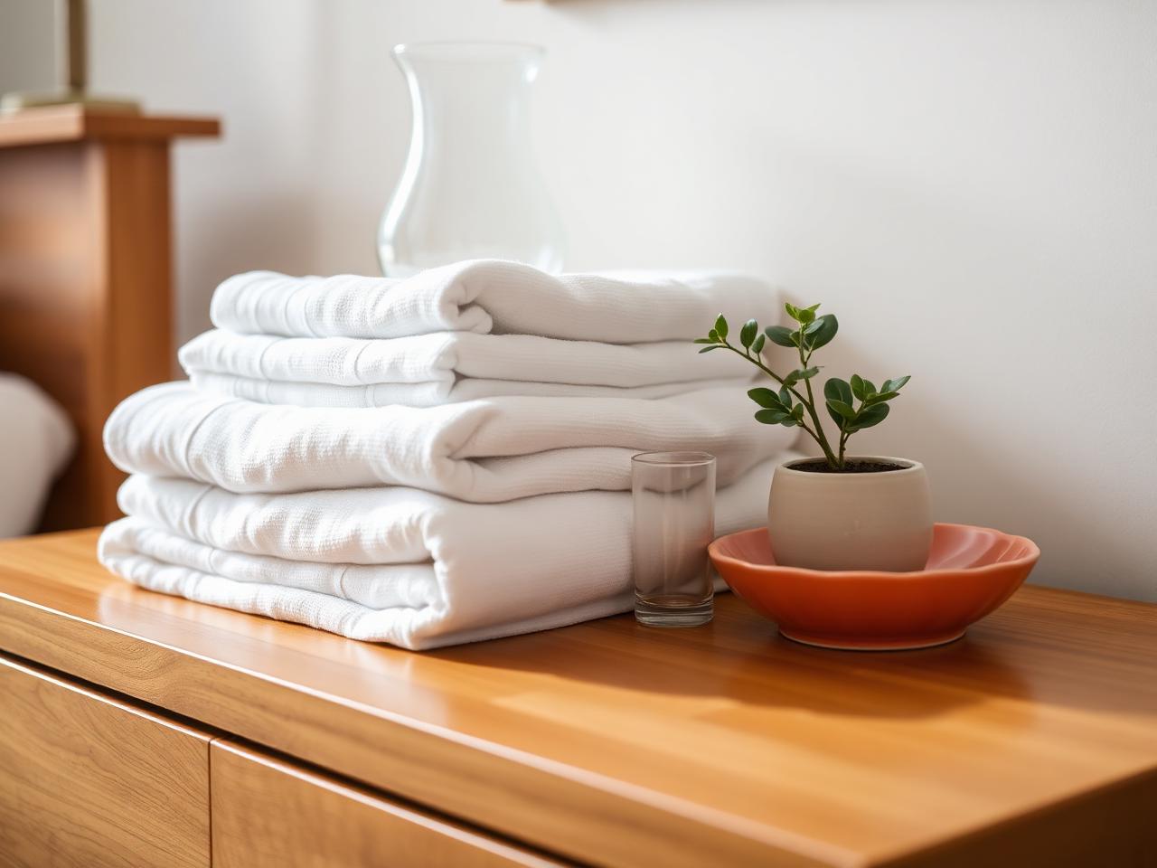 A welcome tray with fresh towels and water