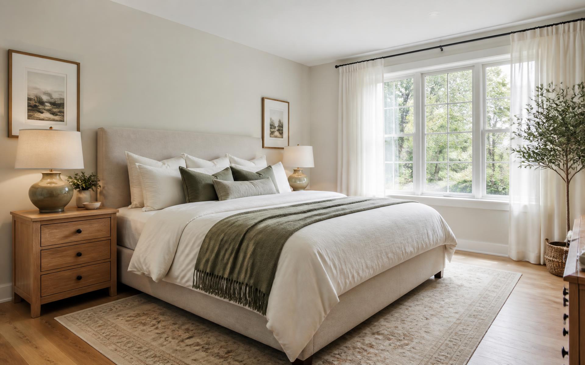 A sunlit bedroom with a standard Western bed