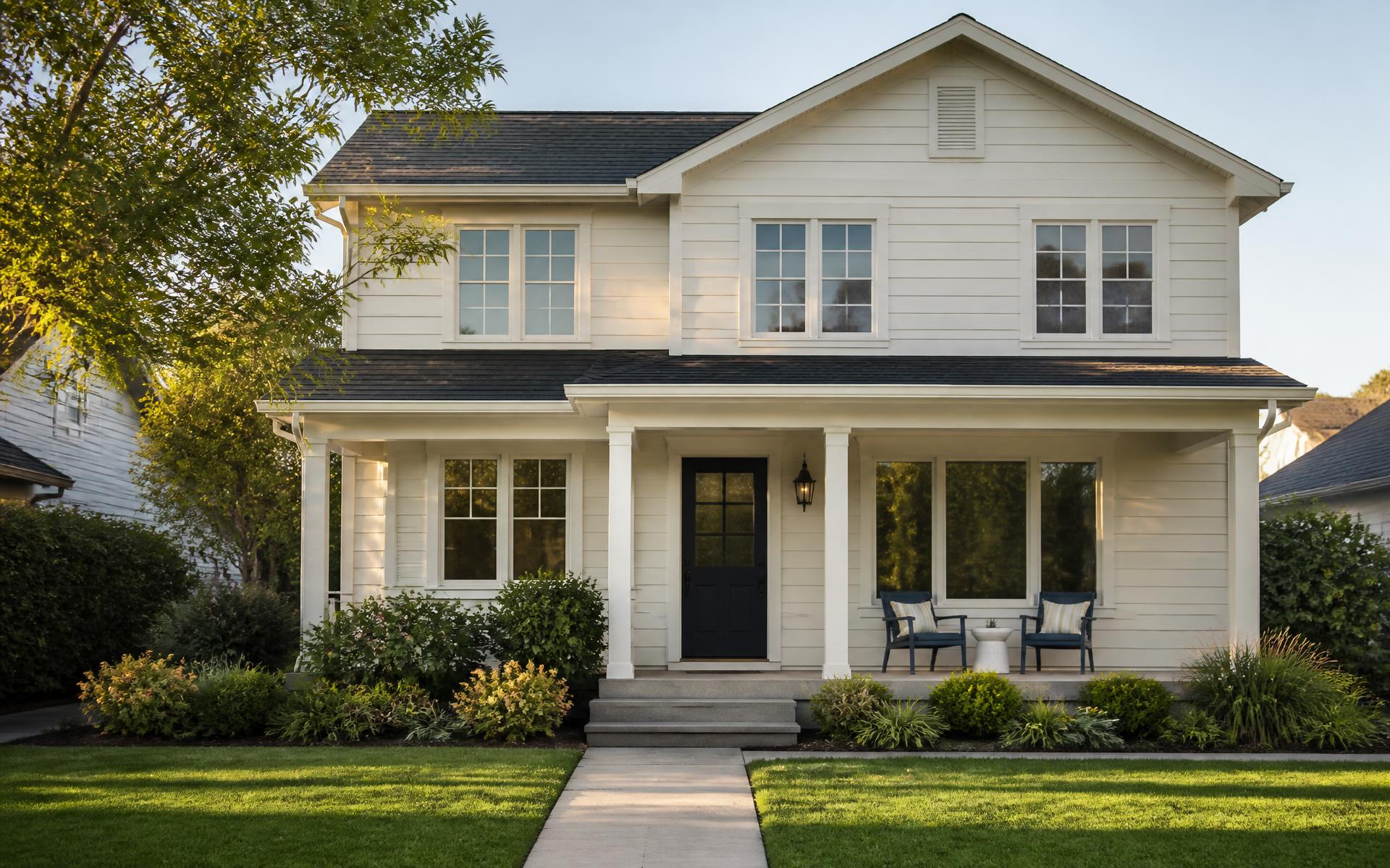 A contemporary two-storey house with a covered front porch